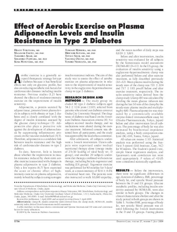 (PDF) Effect of Aerobic Exercise on Plasma Adiponectin Levels and ...