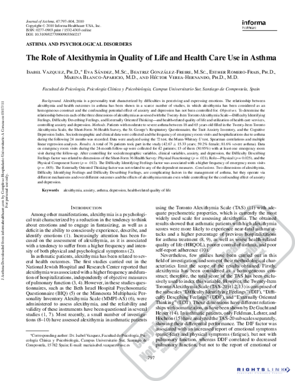 (PDF) The Role of Alexithymia in Quality of Life and Health Care Use in ...