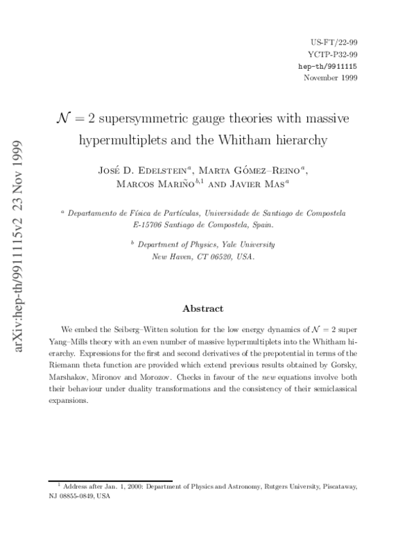 (PDF) N= 2 supersymmetric gauge theories with massive hypermultiplets ...