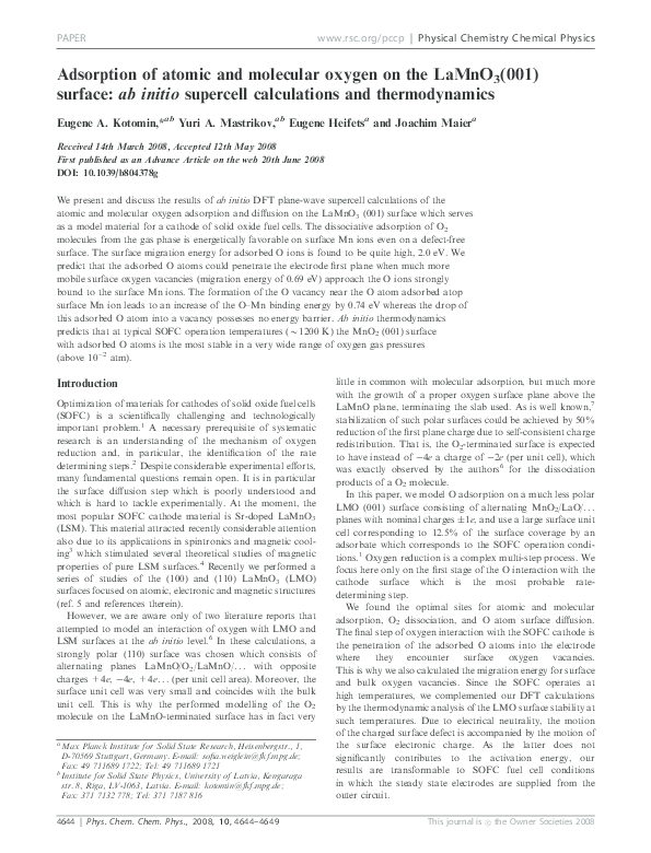 (PDF) Adsorption of atomic and molecular oxygen on the LaMnO3(001 ...