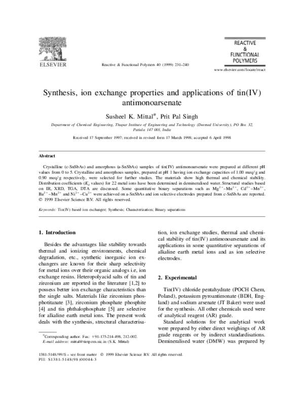 (PDF) Synthesis, ion exchange properties and applications of tin(IV ...