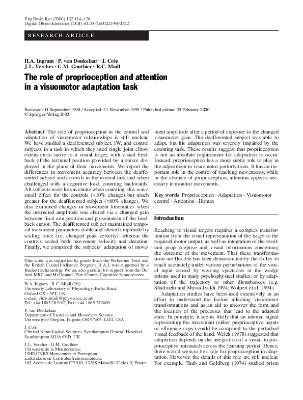 (PDF) The role of proprioception and attention in a visuomotor ...