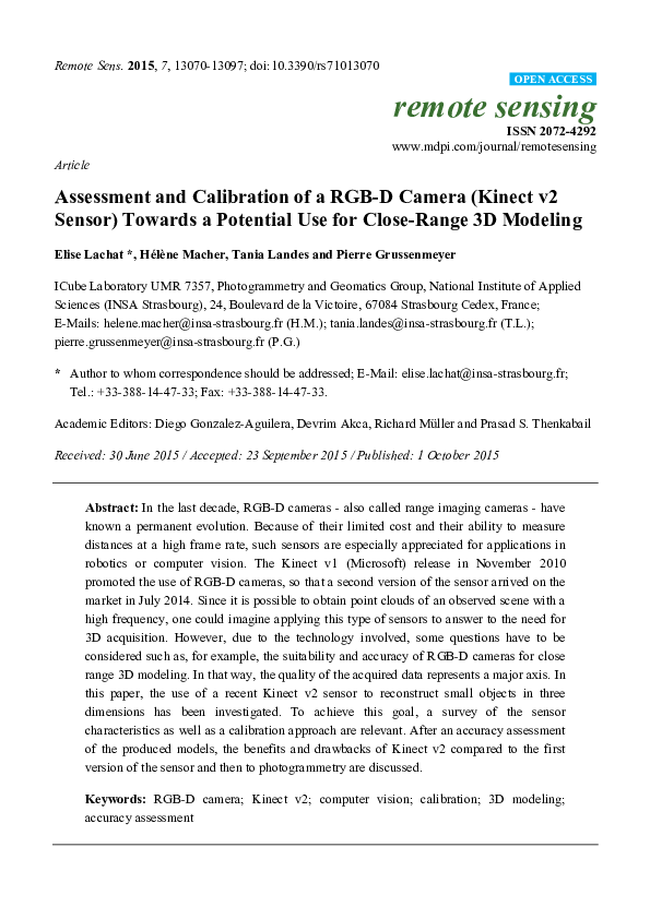 (PDF) Assessment and Calibration of a RGB-D Camera (Kinect v2 Sensor ...