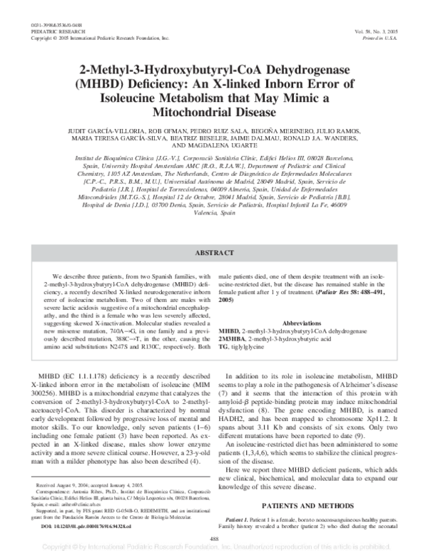 (PDF) 2-Methyl-3-Hydroxybutyryl-CoA Dehydrogenase (MHBD) Deficiency: An ...