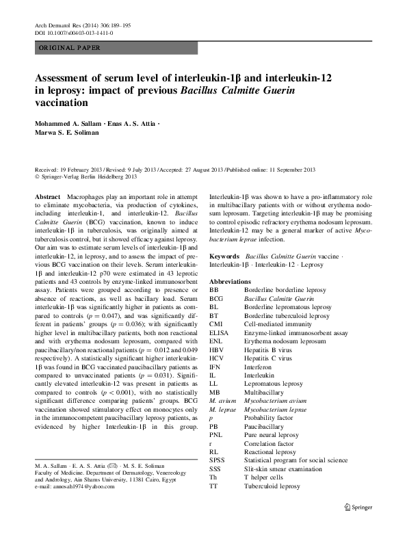 (PDF) Assessment of serum level of interleukin-1b and interleukin-12 in ...