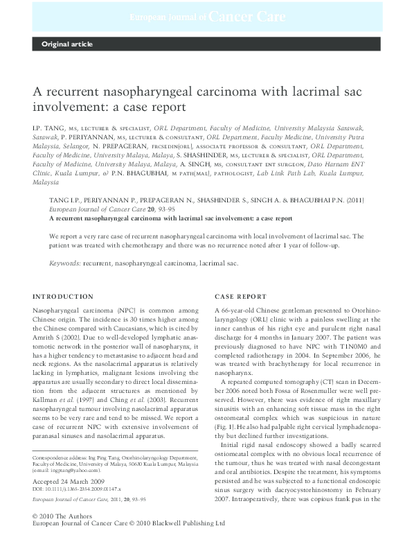 (PDF) Recurrent Nasopharyngeal Carcinoma with Lacrimal Involvement
