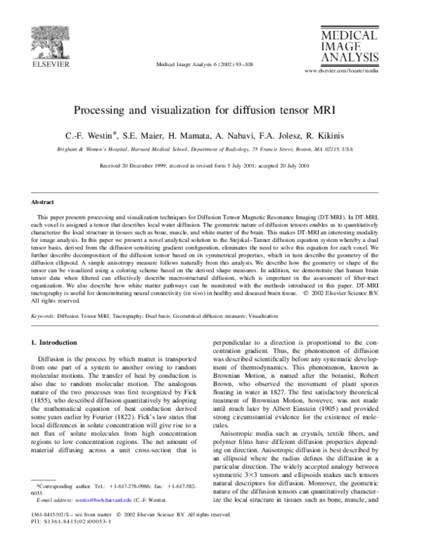 (PDF) Processing and visualization for diffusion tensor MRI