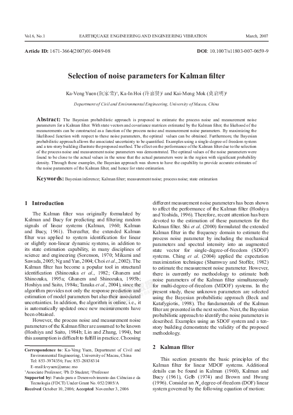 (PDF) Selection of noise parameters for Kalman filter