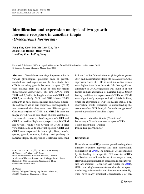 (PDF) Identification and expression analysis of two growth hormone receptors in zanzibar tilapia