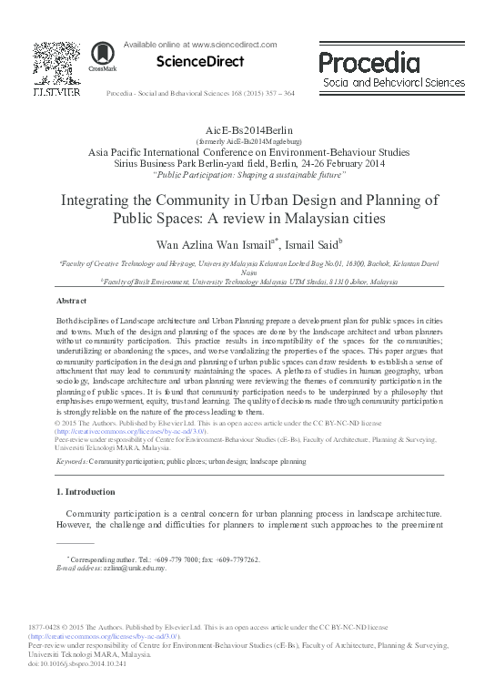 (PDF) Integrating the Community in Urban Design and Planning of Public ...