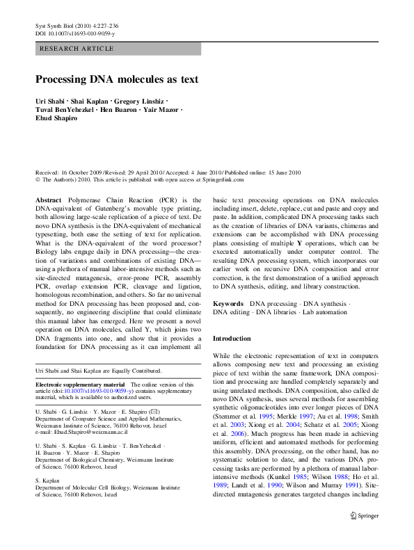(PDF) Processing DNA molecules as text