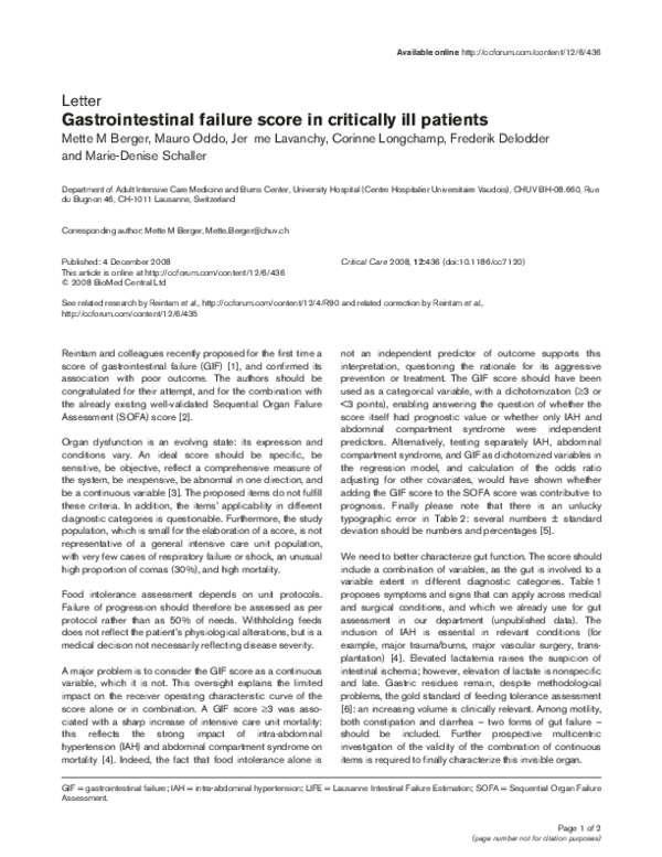 (PDF) Gastrointestinal failure score in critically ill patients