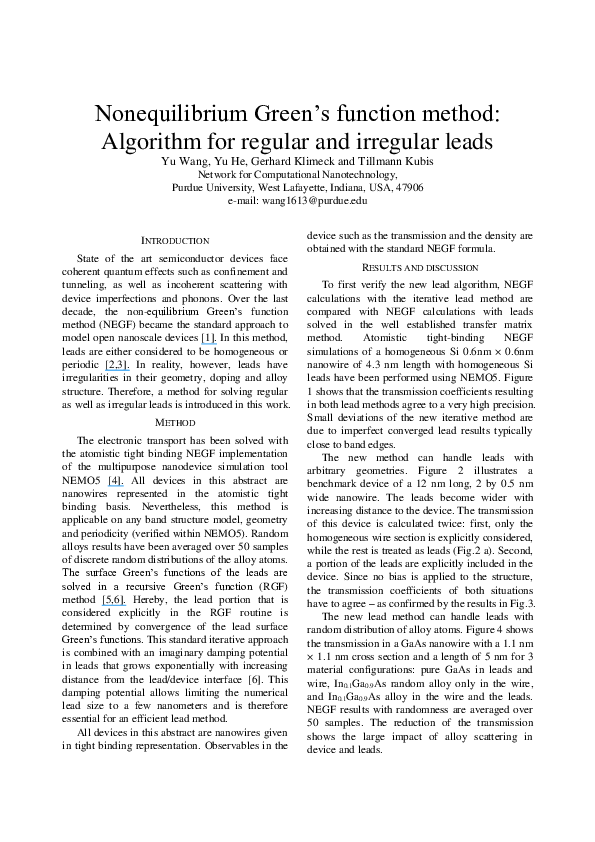 (PDF) Nonequilibrium Green s function method: Algorithm for regular and ...