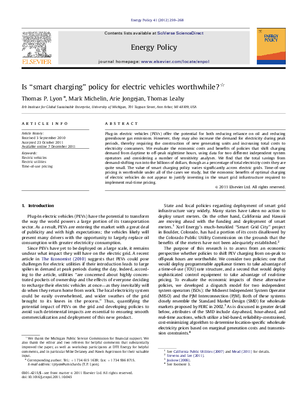 (PDF) Is “smart charging” policy for electric vehicles worthwhile? Thomas Lyon Academia.edu