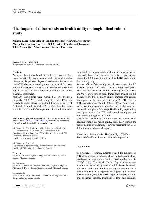 (PDF) The impact of tuberculosis on health utility: a longitudinal ...