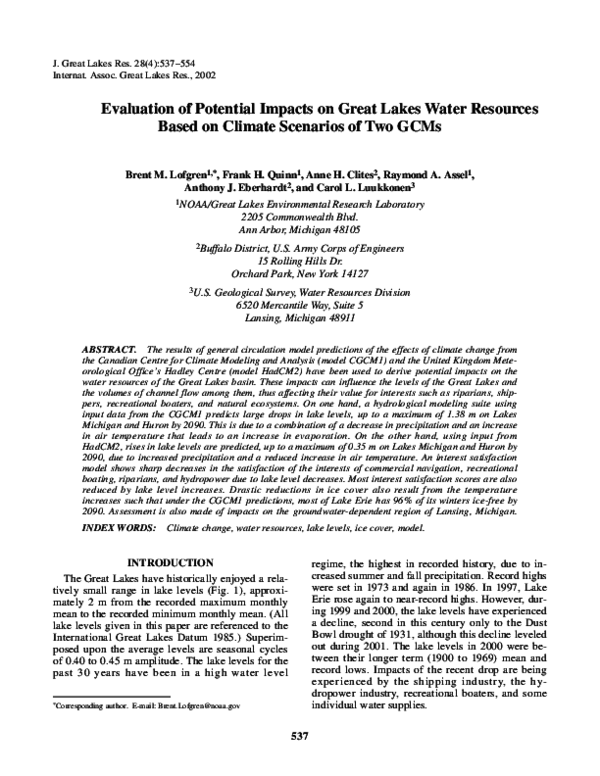 (PDF) Evaluation of Potential Impacts on Great Lakes Water Resources