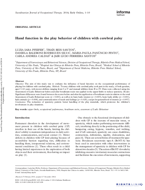 (PDF) Hand function in the play behavior of children with cerebral palsy