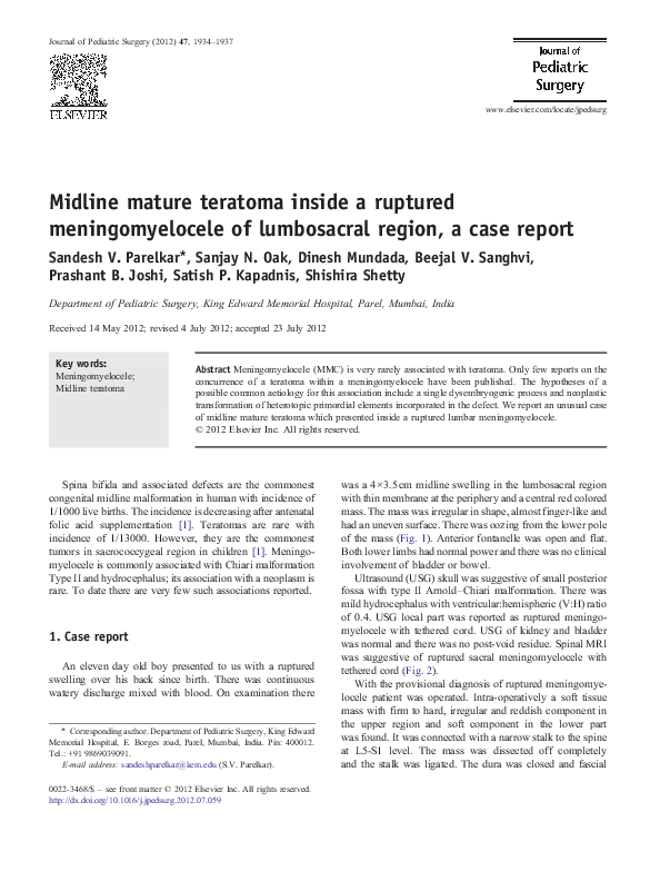 (PDF) Midline mature teratoma inside a ruptured meningomyelocele of ...