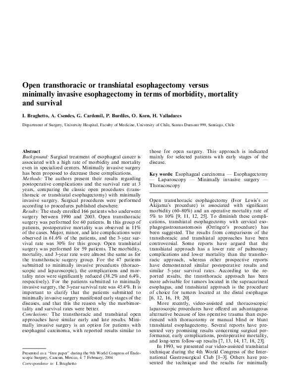 Pdf Open Transthoracic Or Transhiatal Esophagectomy Versus Minimally Invasive Esophagectomy In Terms Of Morbidity Mortality And Survival Italo Braghetto And Patricio Burdiles Academia Edu
