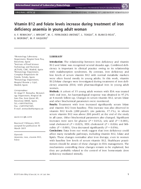 (PDF) Vitamin B12 and folate levels increase during treatment of iron ...