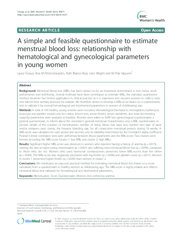(PDF) A simple and feasible questionnaire to estimate menstrual blood ...