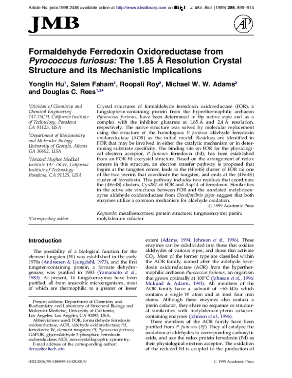 (PDF) Formaldehyde ferredoxin oxidoreductase from Pyrococcus furiosus ...