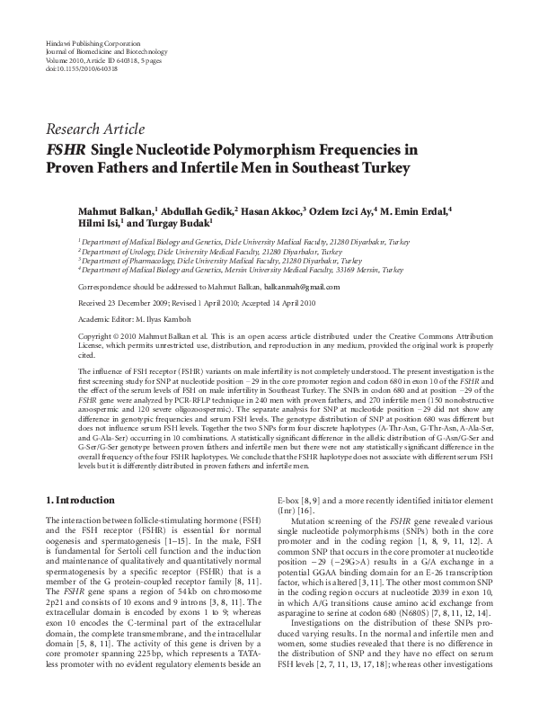 (PDF) FSHR Single Nucleotide Polymorphism Frequencies in Proven Fathers ...