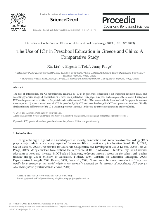 (PDF) The Use of ICT in Preschool Education in Greece and China: A ...