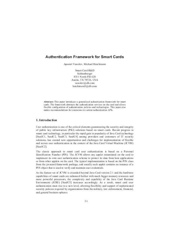(PDF) Authentication Framework for Smart Cards