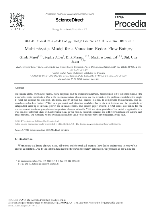 (PDF) Multi-physics Model for a Vanadium Redox Flow Battery