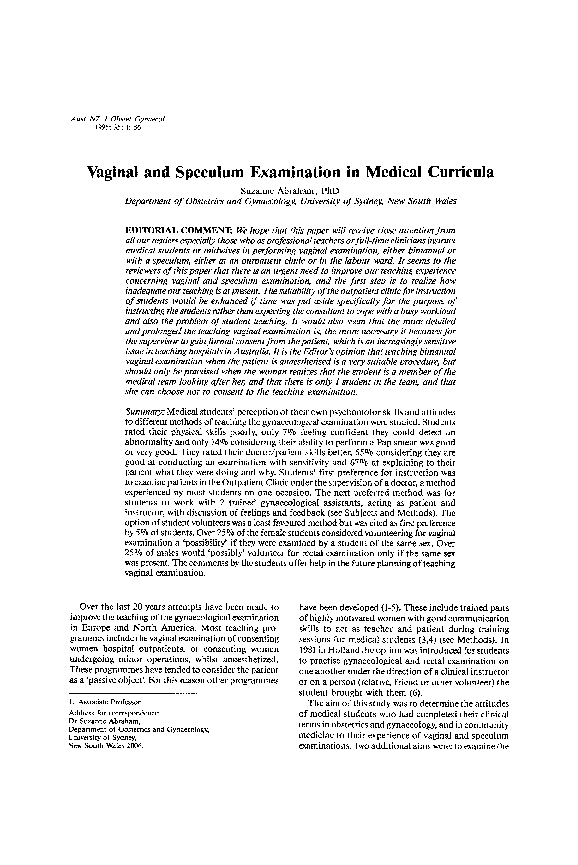 (PDF) Vaginal and Speculum Examination in Medical Curricula Suzanne