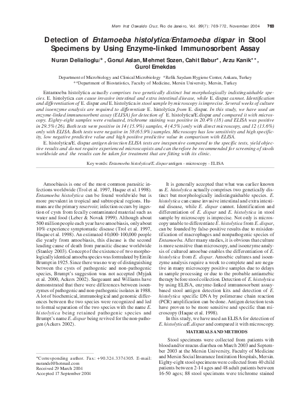 (PDF) Detection of Entamoeba histolytica/Entamoeba dispar in stool ...