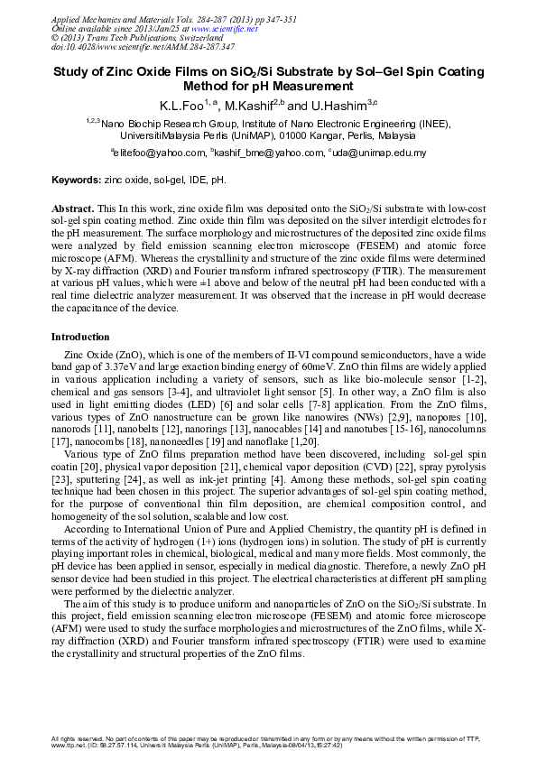 (PDF) Study of Zinc Oxide Films on SiO 2 /Si Substrate by Sol–Gel Spin ...