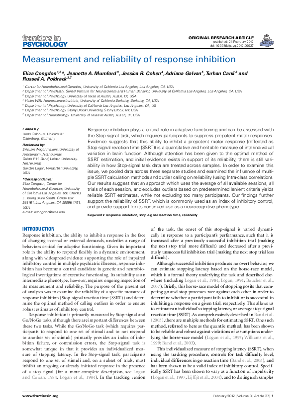(PDF) Measurement and Reliability of Response Inhibition