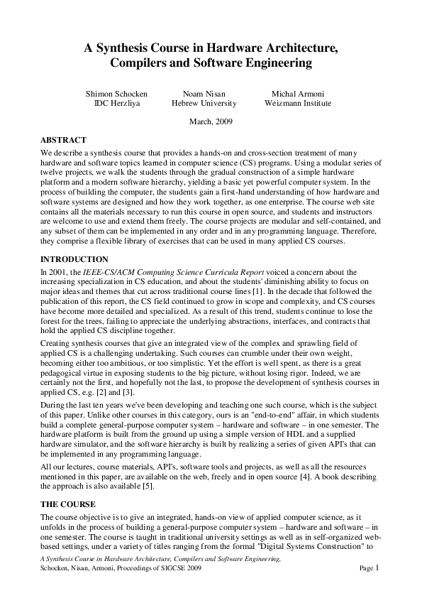 (PDF) A synthesis course in hardware architecture, compilers, and ...