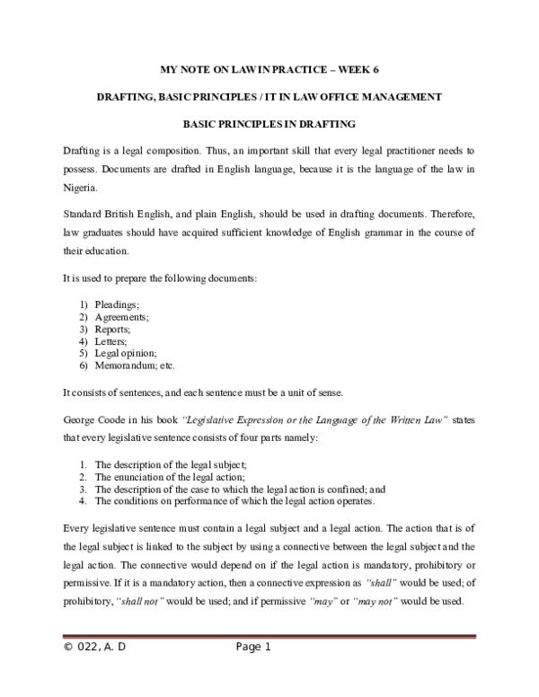 (DOC) MY NOTE ON LAW IN PRACTICE WEEK 6 DRAFTING, BASIC PRINCIPLES