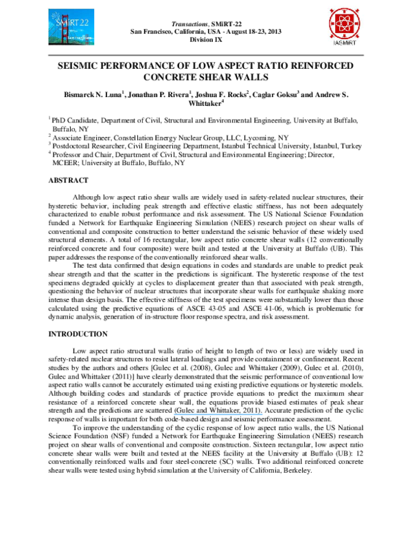 (PDF) Seismic Performance of Low Aspect Ratio Reinforced Concrete Shear Walls Andrew S