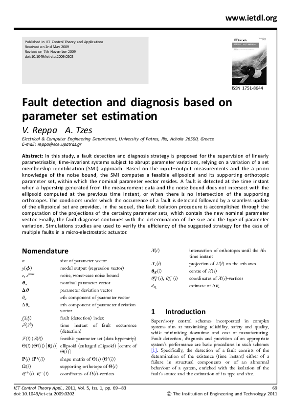 (PDF) Fault Detection and Diagnosis based on Parameter Set Estimation ...