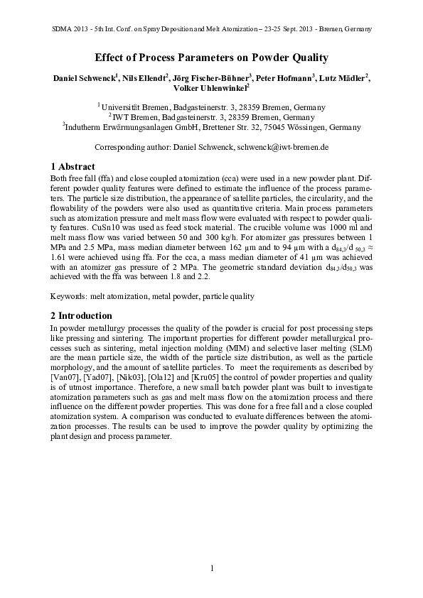 (PDF) Effect of Process Parameters on Powder Quality
