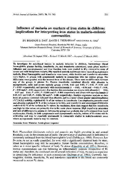(PDF) Influence of malaria on markers of iron status in children ...