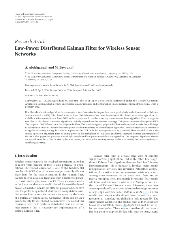 (PDF) Low-Power Distributed Kalman Filter for Wireless Sensor Networks