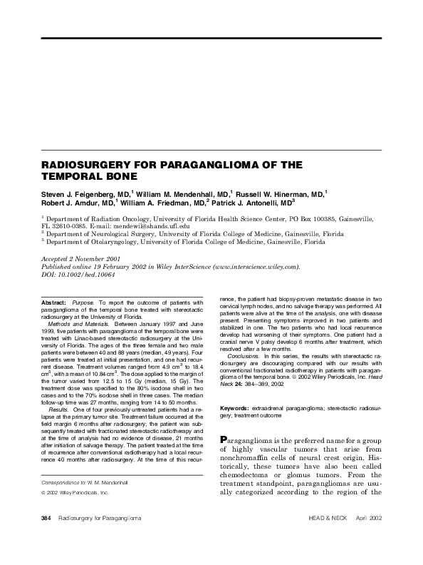 (PDF) Radiosurgery for paraganglioma of the temporal bone Steven