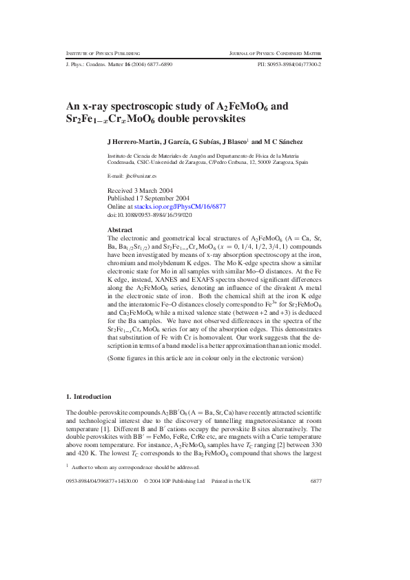 (PDF) An x-ray spectroscopic study of A 2 FeMoO 6 and Sr 2 Fe 1 x Cr x ...