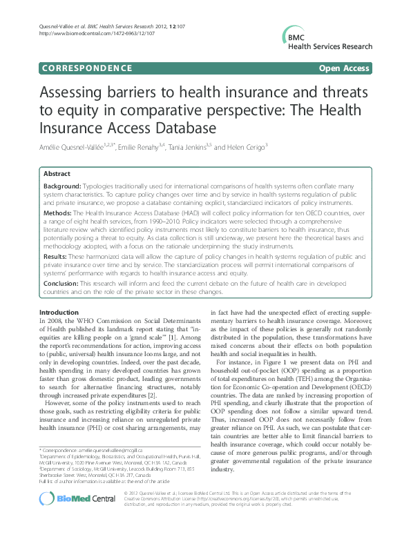 (PDF) Assessing barriers to health insurance and threats to equity in ...