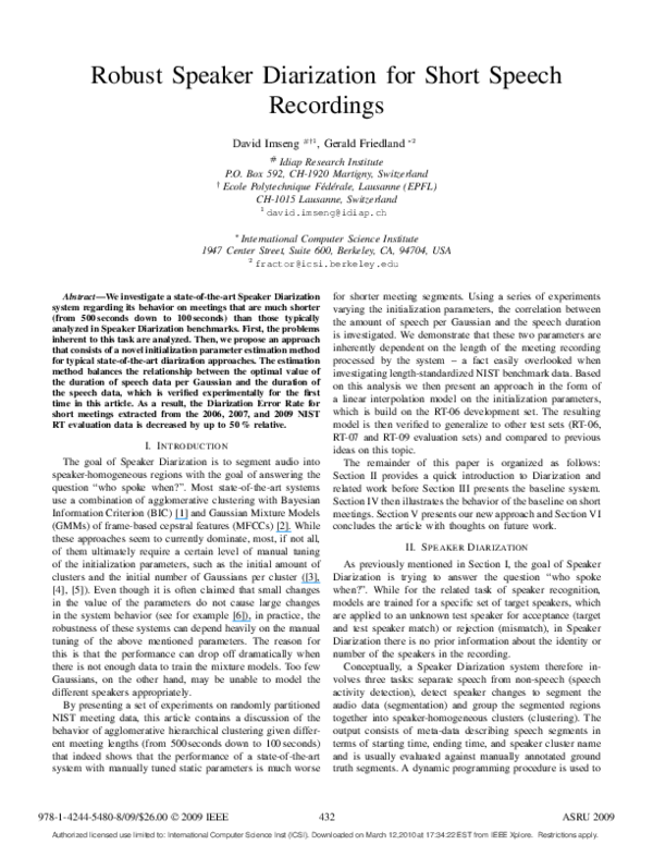 (PDF) Robust Speaker Diarization for short speech recordings