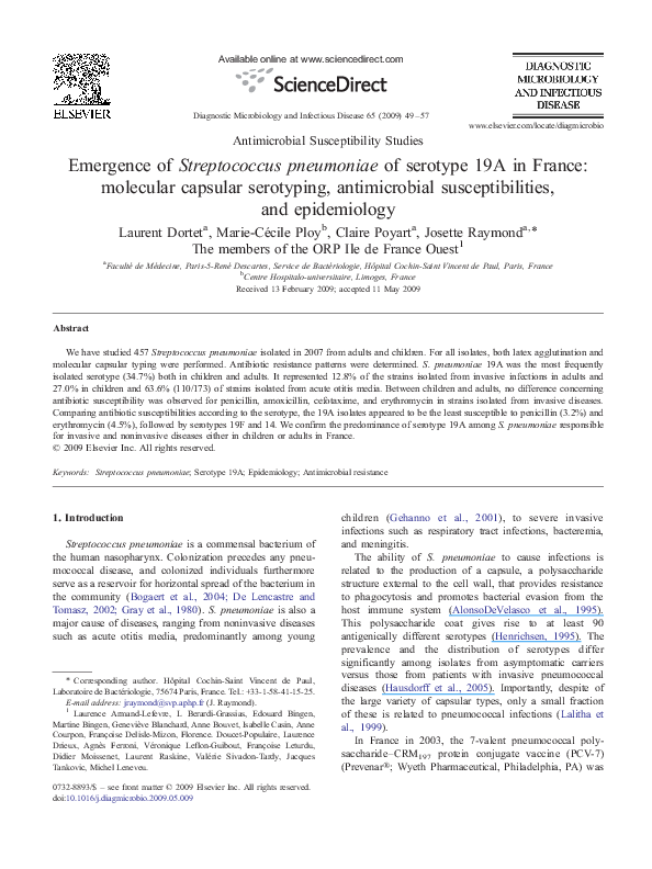 (PDF) Emergence of Streptococcus pneumoniae of serotype 19A in France ...