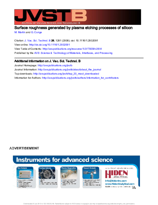 (PDF) Surface roughness generated by plasma etching processes of silicon Mickael Martin
