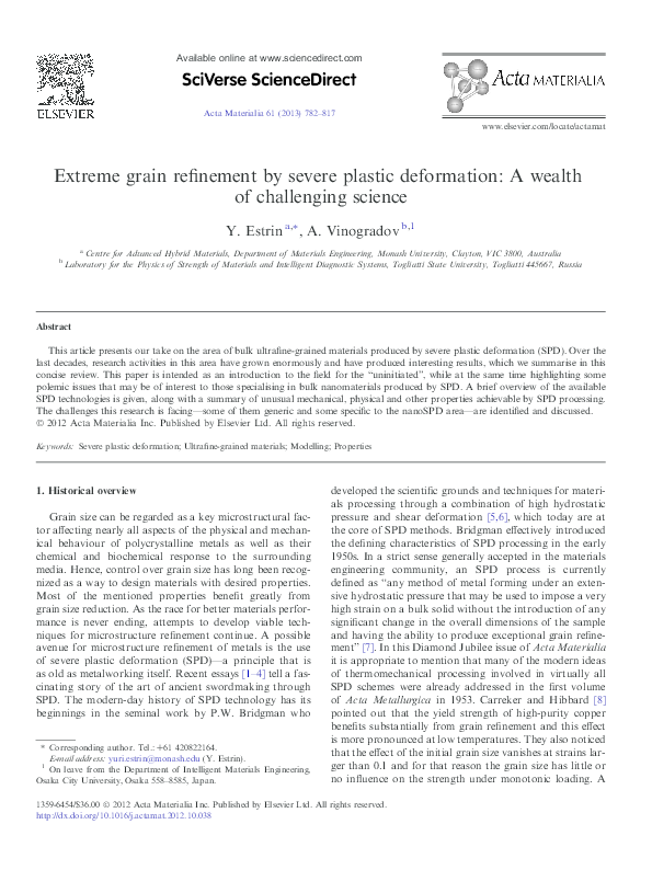 (PDF) Extreme grain refinement by severe plastic deformation: A wealth ...