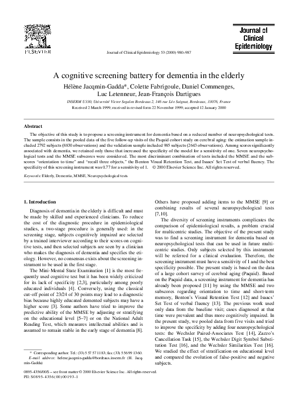 (PDF) A cognitive screening battery for dementia in the elderly