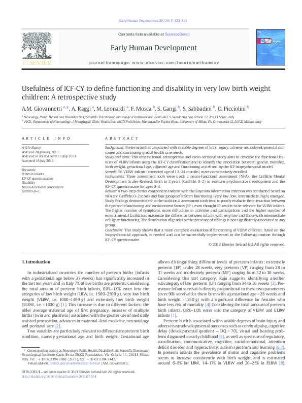 (PDF) Usefulness of ICF-CY to define functioning and disability in very ...